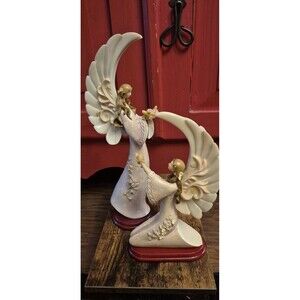 Vintage 1970s Resin Praying Kneeling Angels on Wooden Floral Stands 12.5" & 9"